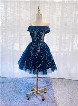 Picture of Dark Blue Tulle Off Shoulder Knee Length Party Dresses, Blue Homecoming Dress